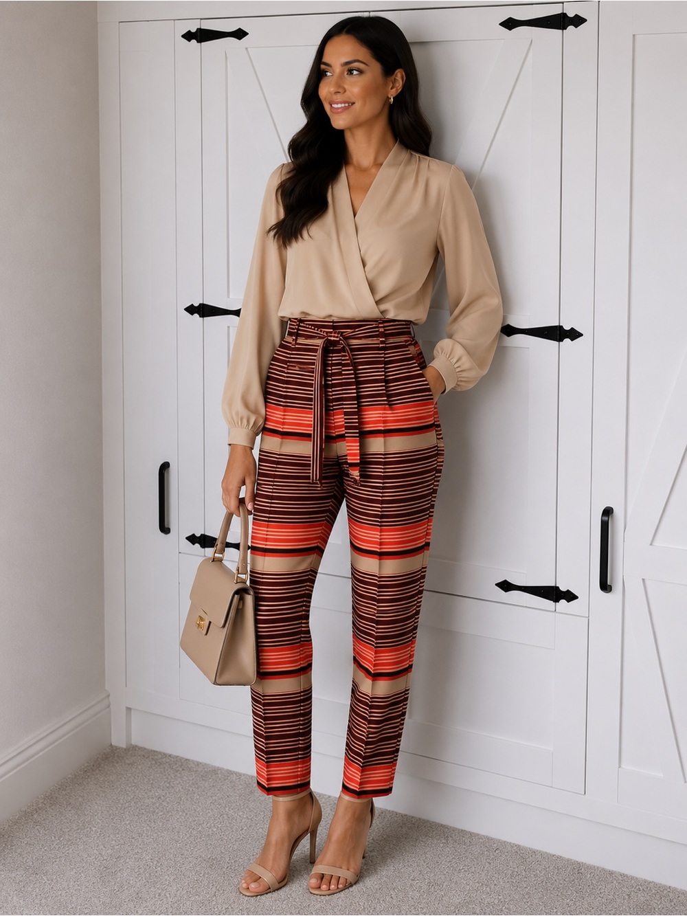 The Madie Striped Tie-Waist Straight Leg Pants in Coral, Brown & Cream